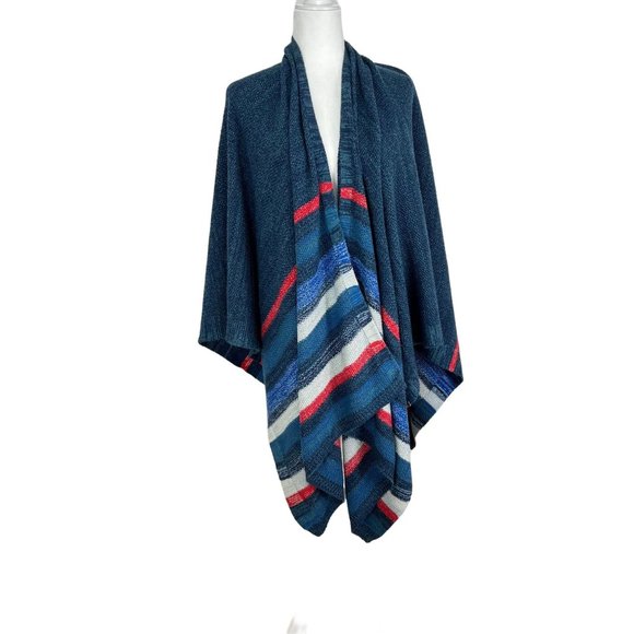 BCBGMAXAZRIA Heavy Knit Blue Striped Poncho Shawl OS - Picture 2 of 8